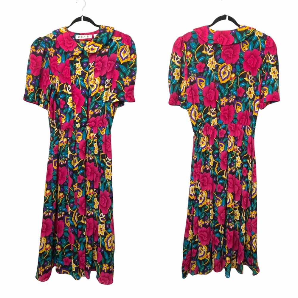 Ms CHAUS Dress Vintage Secretary Midi Floral Print Short Sleeve Pleated - Picture 3 of 13